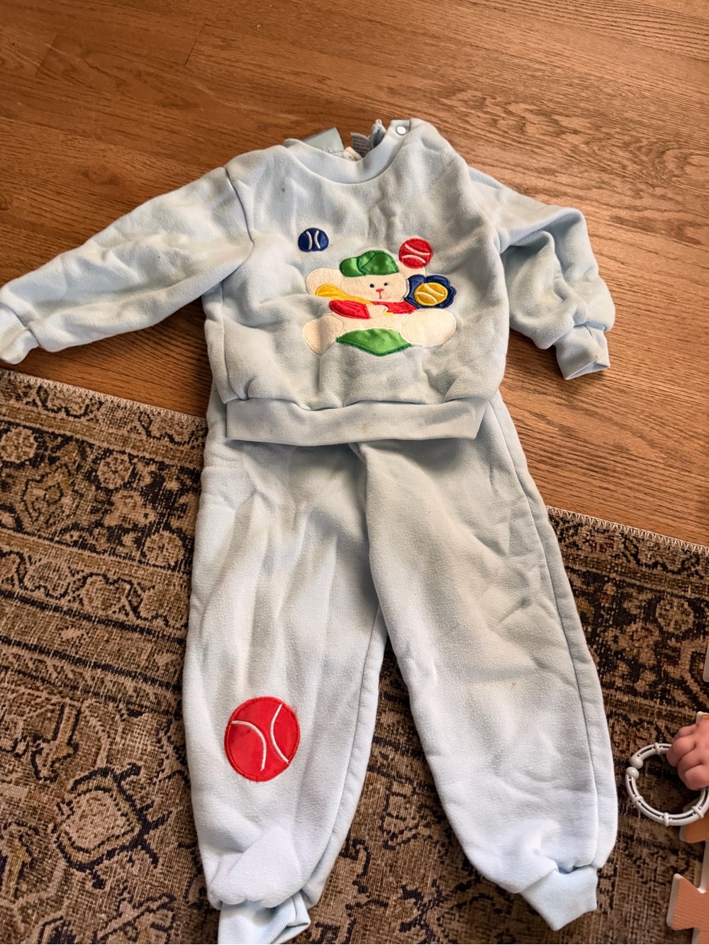 Vintage First Impressions Light Blue Plush Jogger Set with Sports Bear Appliqué